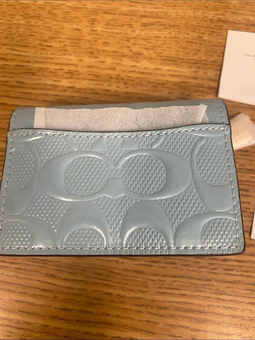 Coach Light Blue Embossed Signature Card Case with Gold Hardware
